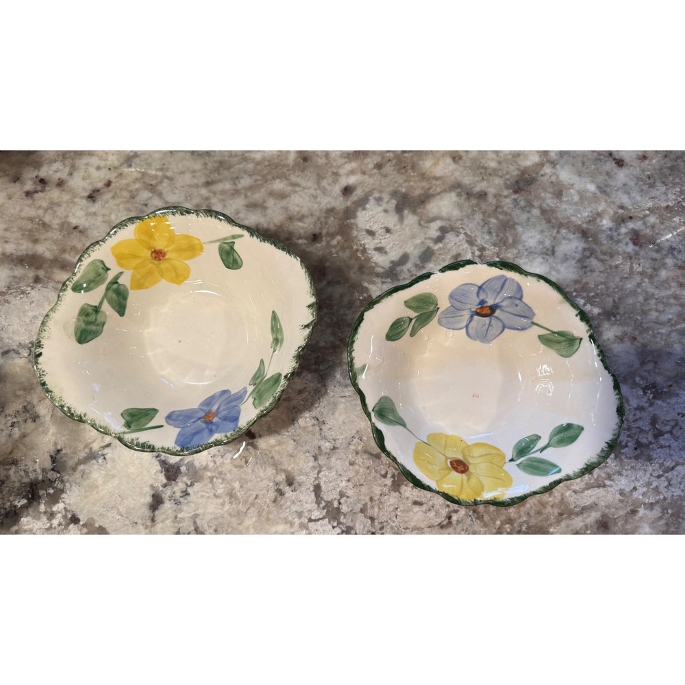 Set of 2 Hand Painted Floral Scalloped Ceramic Bowls Yellow Blue Flowers